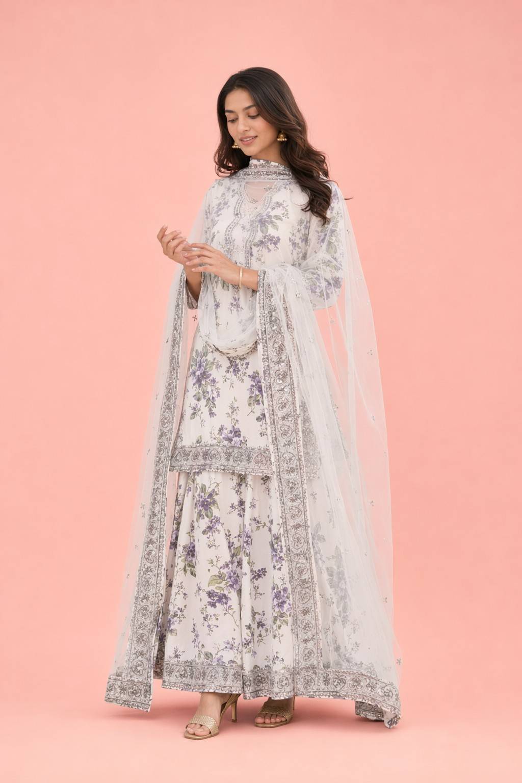 Women's Premium White Floral Printed Kurta Pant Set with Soft Net Dupatta