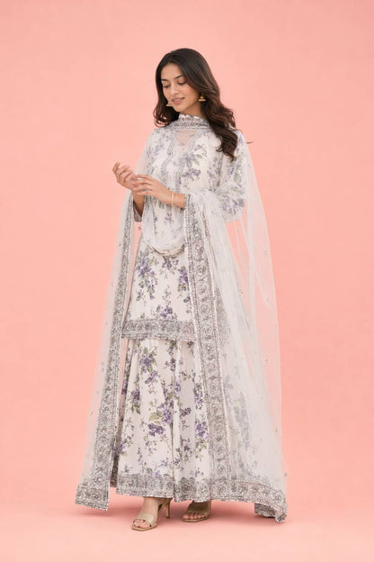 Women's Premium White Floral Printed Kurta Pant Set with Soft Net Dupatta
