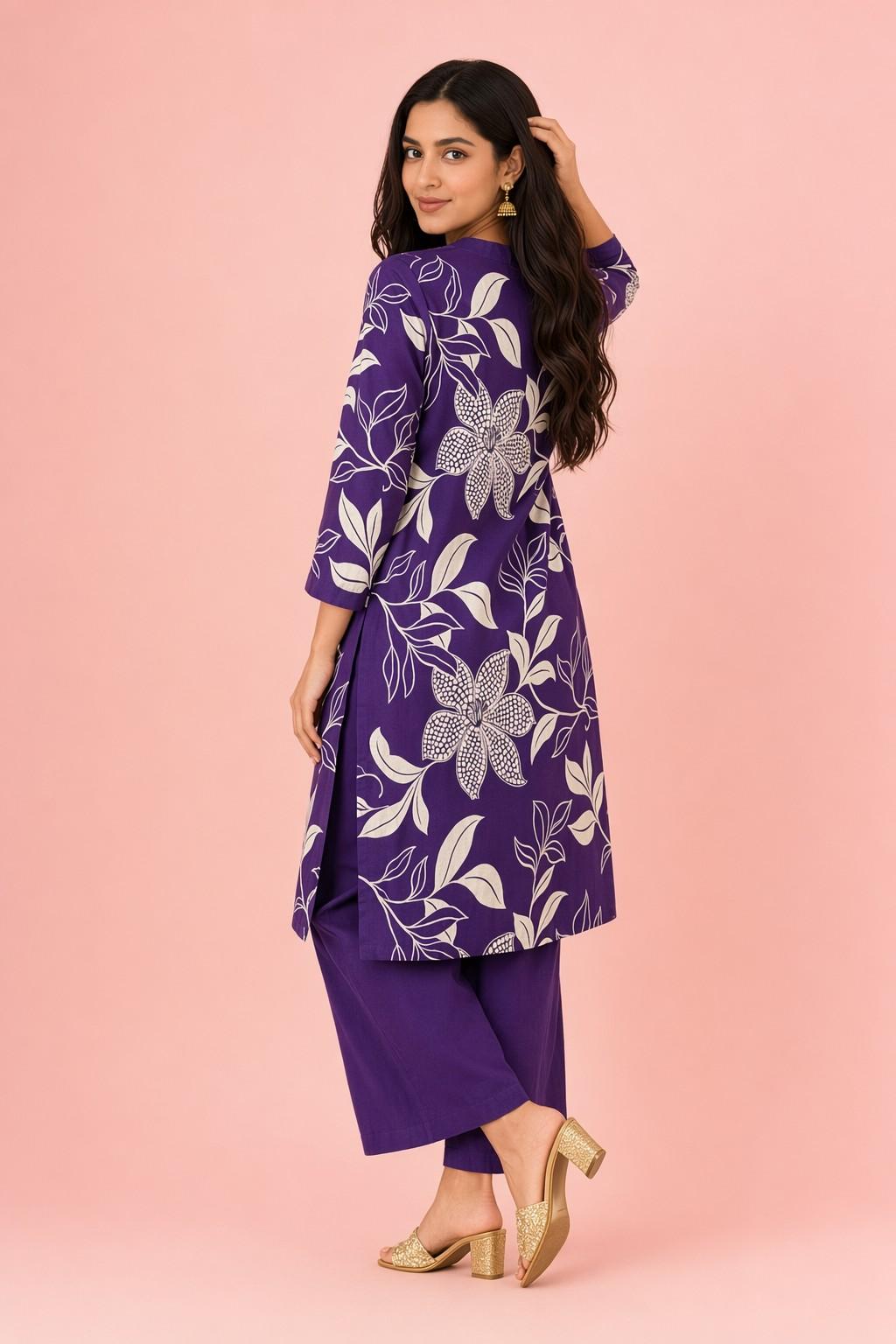 LoomBella Lifestyle Women's Cotton Floral Printed Straight Kurti with Pant Set