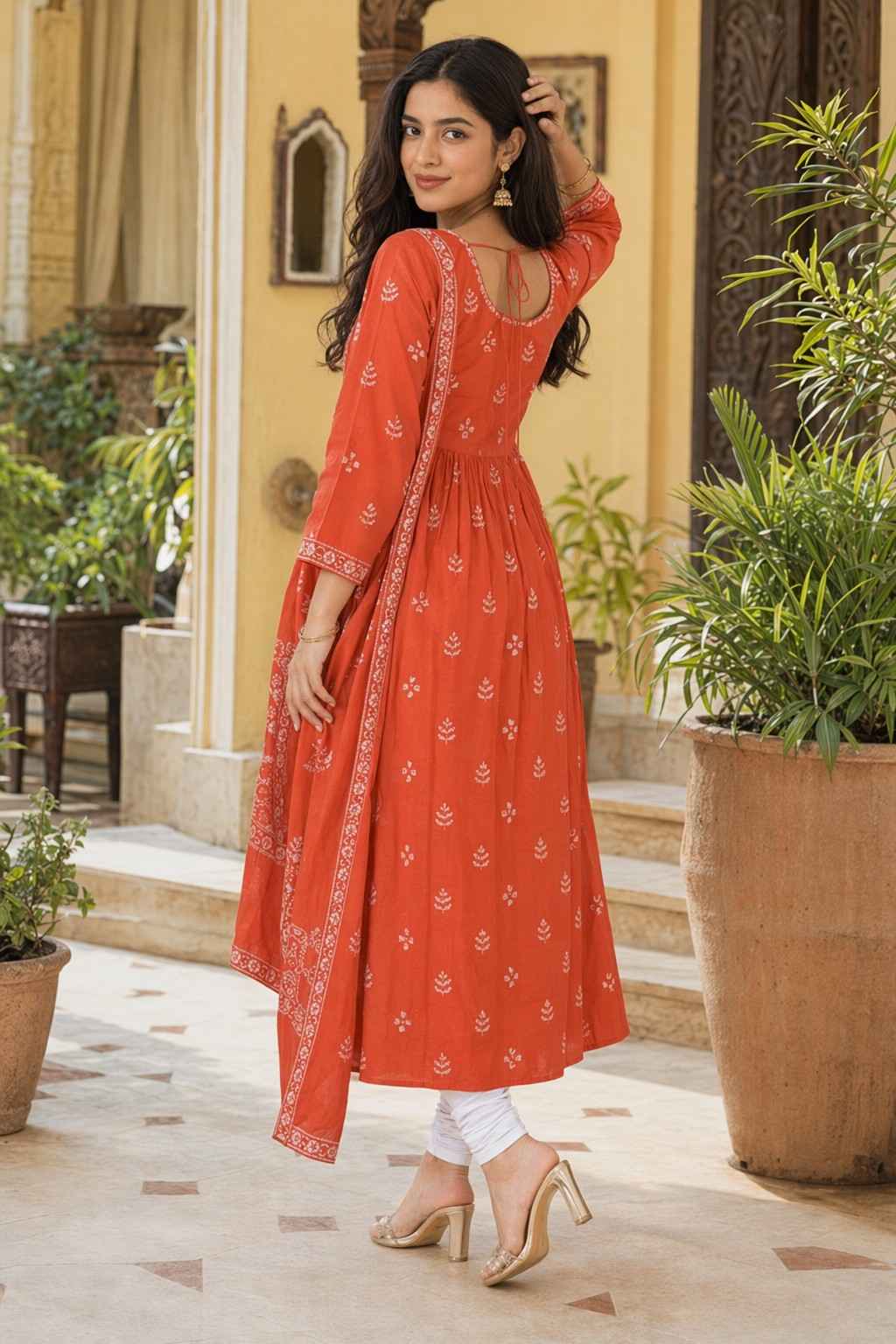 Fab Craft Studio Women's Contton Floral Embroidered Round Neck Regular Kurti Pant Dupatta Set