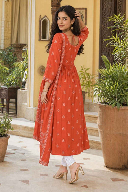 Fab Craft Studio Women's Contton Floral Embroidered Round Neck Regular Kurti Pant Dupatta Set