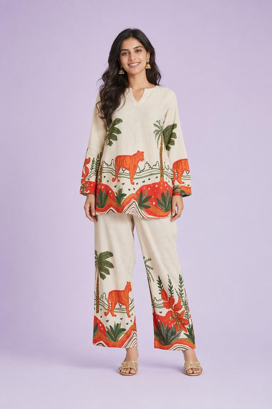 LoomBella Lifestyle Women's Cotton Floral Printed Straight Short Kurti with Pant Set