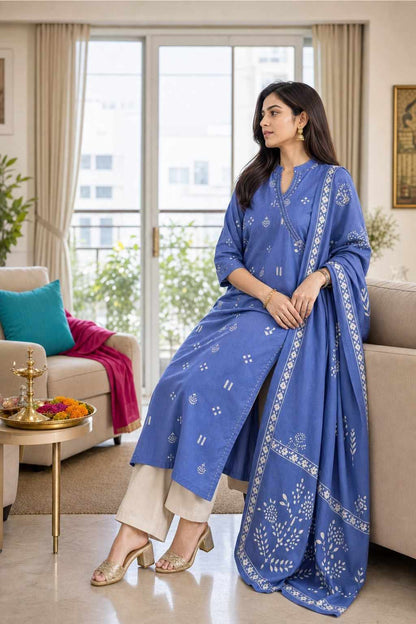 Women's Cotton Embroidered Anarkali Kurti with Pant and Dupatta Set