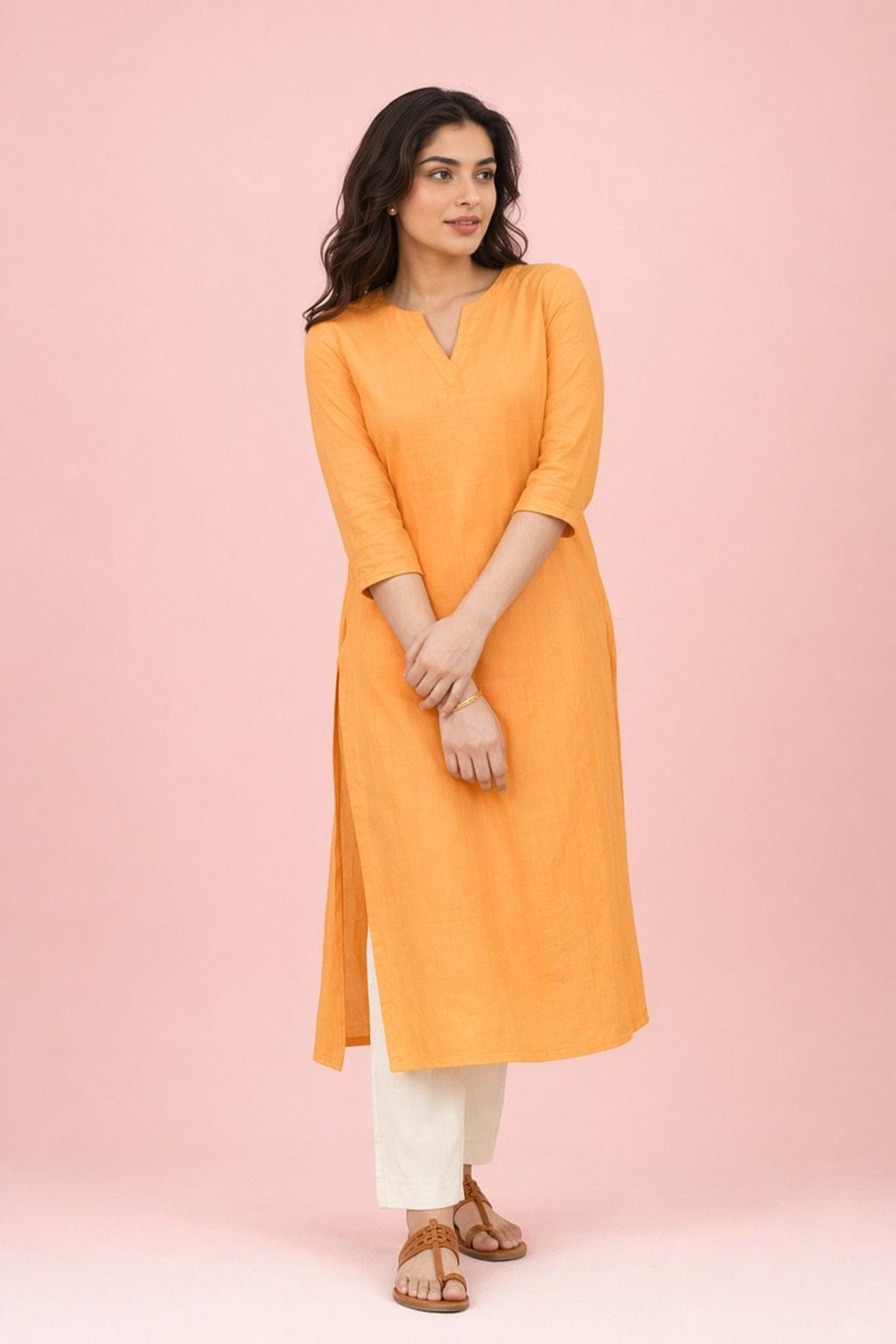 LoomBella LifestyleWomen's Cotton V-Neck Solid Straight Kurti with Pant