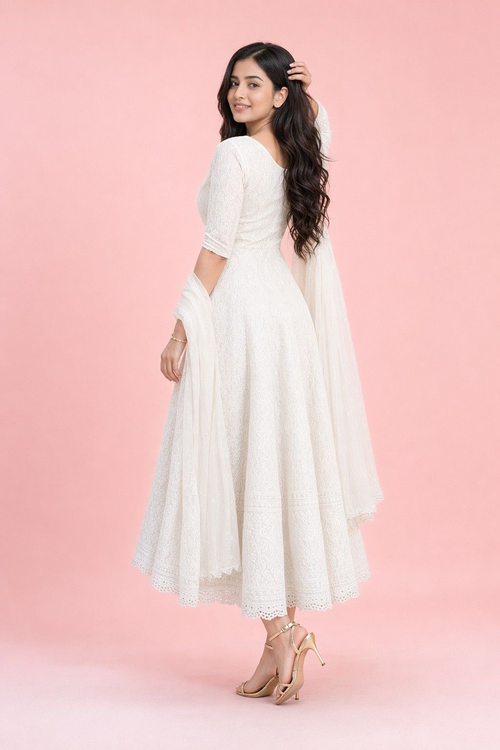 Fab Craft Studio Women's Cotton Chikankari Long Anarkali Kurti With Dupatta (White)