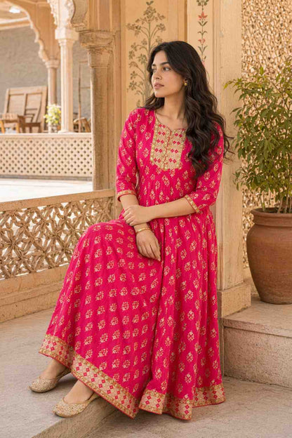Fab Craft Studio  Women's Rayon Printed Anarkali Short Kurti Gown