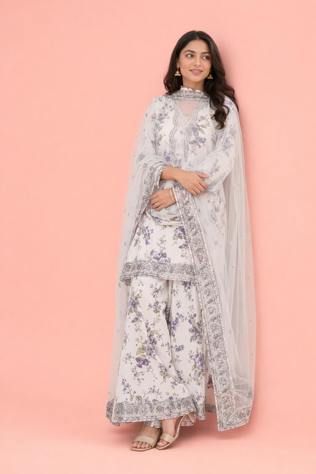 Women's Premium White Floral Printed Kurta Pant Set with Soft Net Dupatta