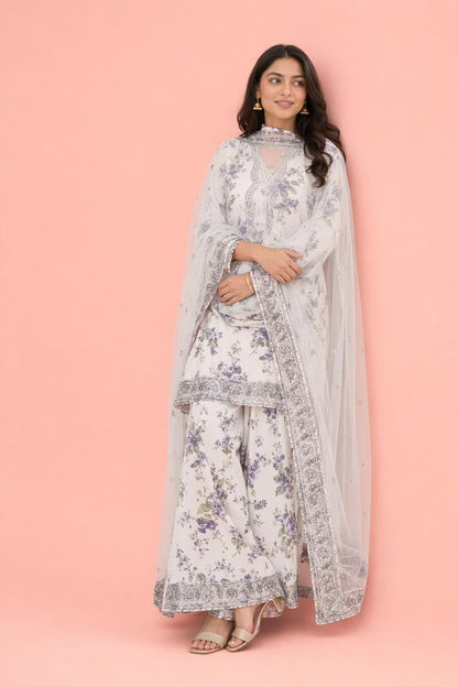 Women's Premium White Floral Printed Kurta Pant Set with Soft Net Dupatta