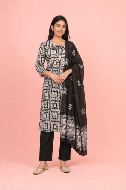 Fab Craft Studio Women's Cotton Hand Block Printed Straight Kurti with Pant and Printed Dupatta