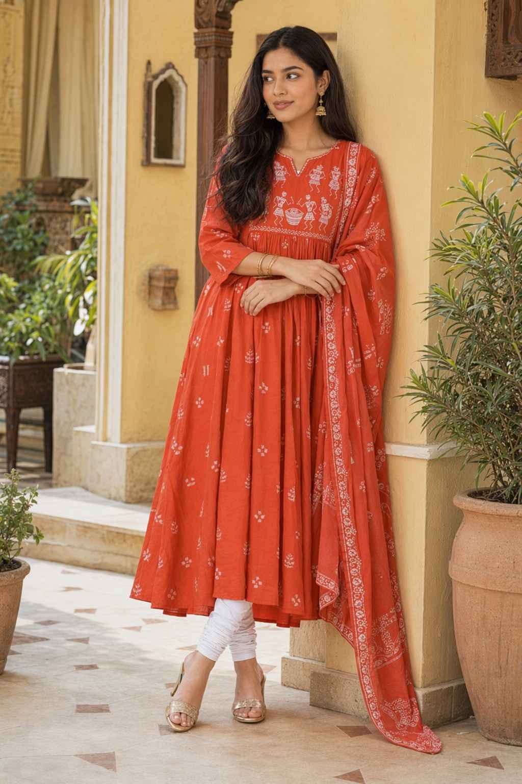 Fab Craft Studio Women's Contton Floral Embroidered Round Neck Regular Kurti Pant Dupatta Set