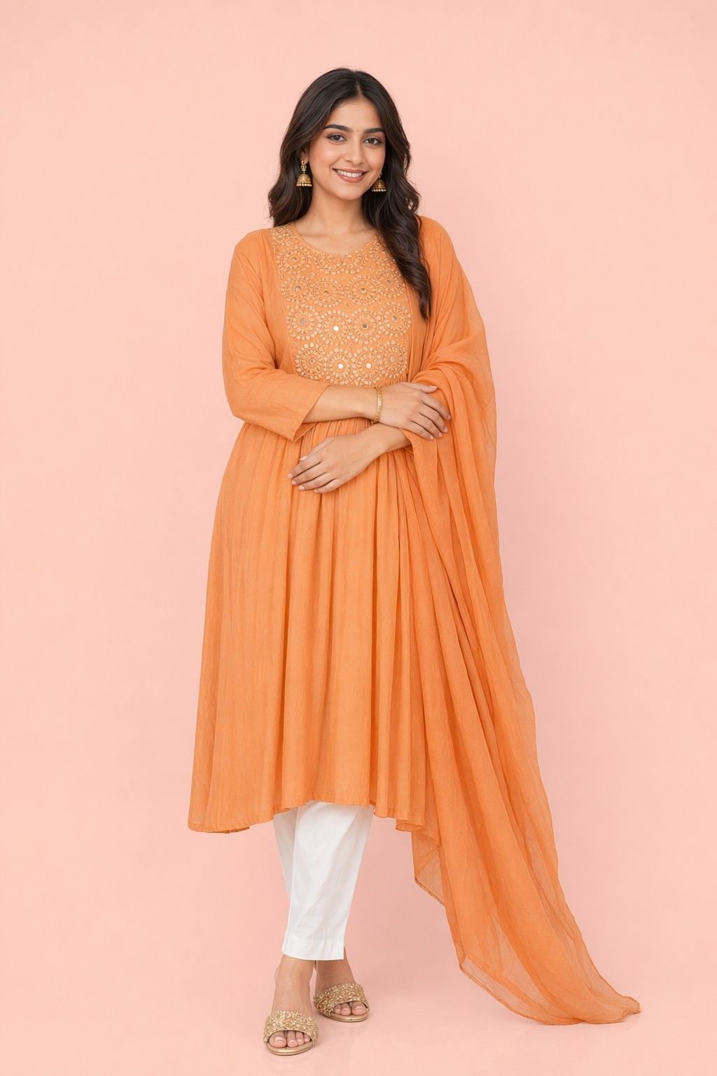 Fab Craft Studio Women's Cotton Embroidered Anarkali Kurti With Pant and Dupatta Set