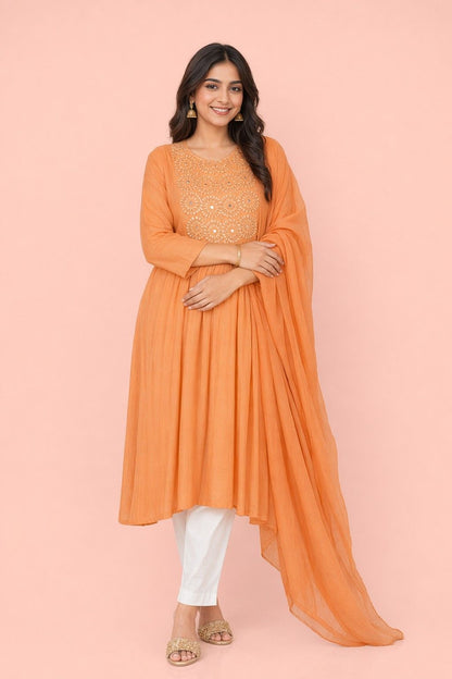 Fab Craft Studio Women's Cotton Embroidered Anarkali Kurti With Pant and Dupatta Set