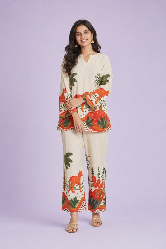 LoomBella Lifestyle Women's Cotton Floral Printed Straight Short Kurti with Pant Set