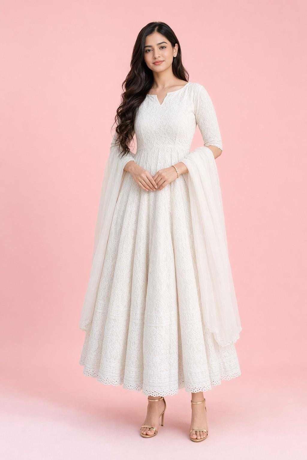 Fab Craft Studio Women's Cotton Chikankari Long Anarkali Kurti With Dupatta (White)