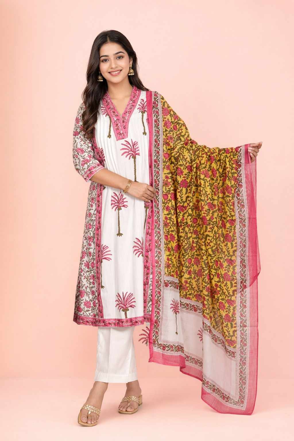 Fab Craft Studio Women's Cotton Printed Straight Kurti With Pant and Dupatta Set