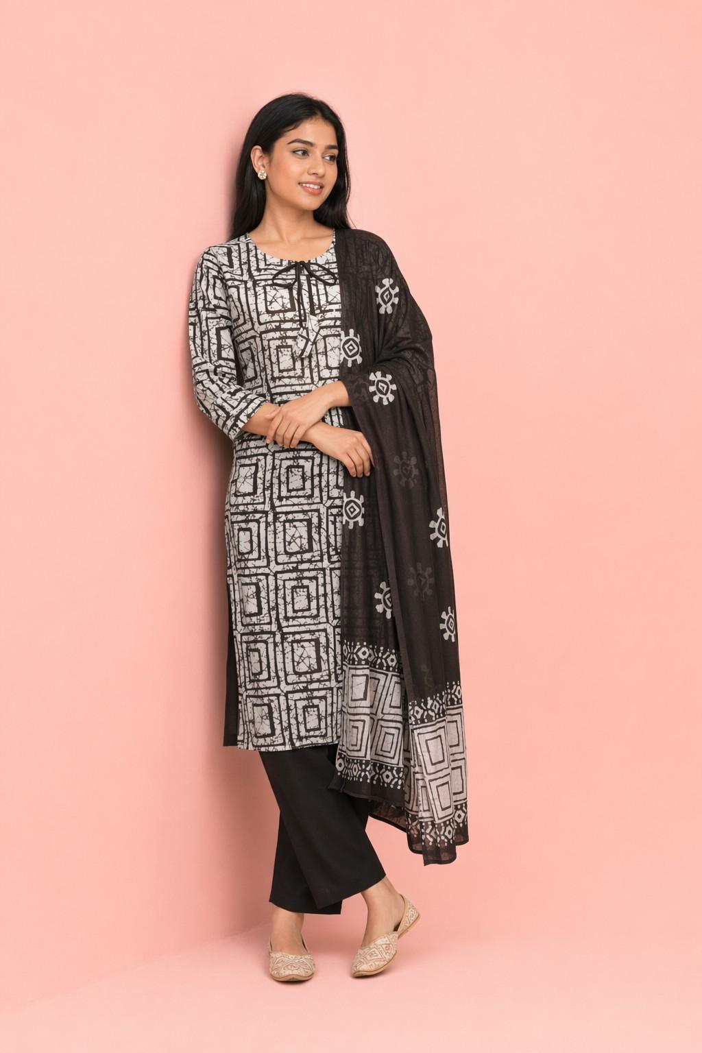 Fab Craft Studio Women's Cotton Hand Block Printed Straight Kurti with Pant and Printed Dupatta