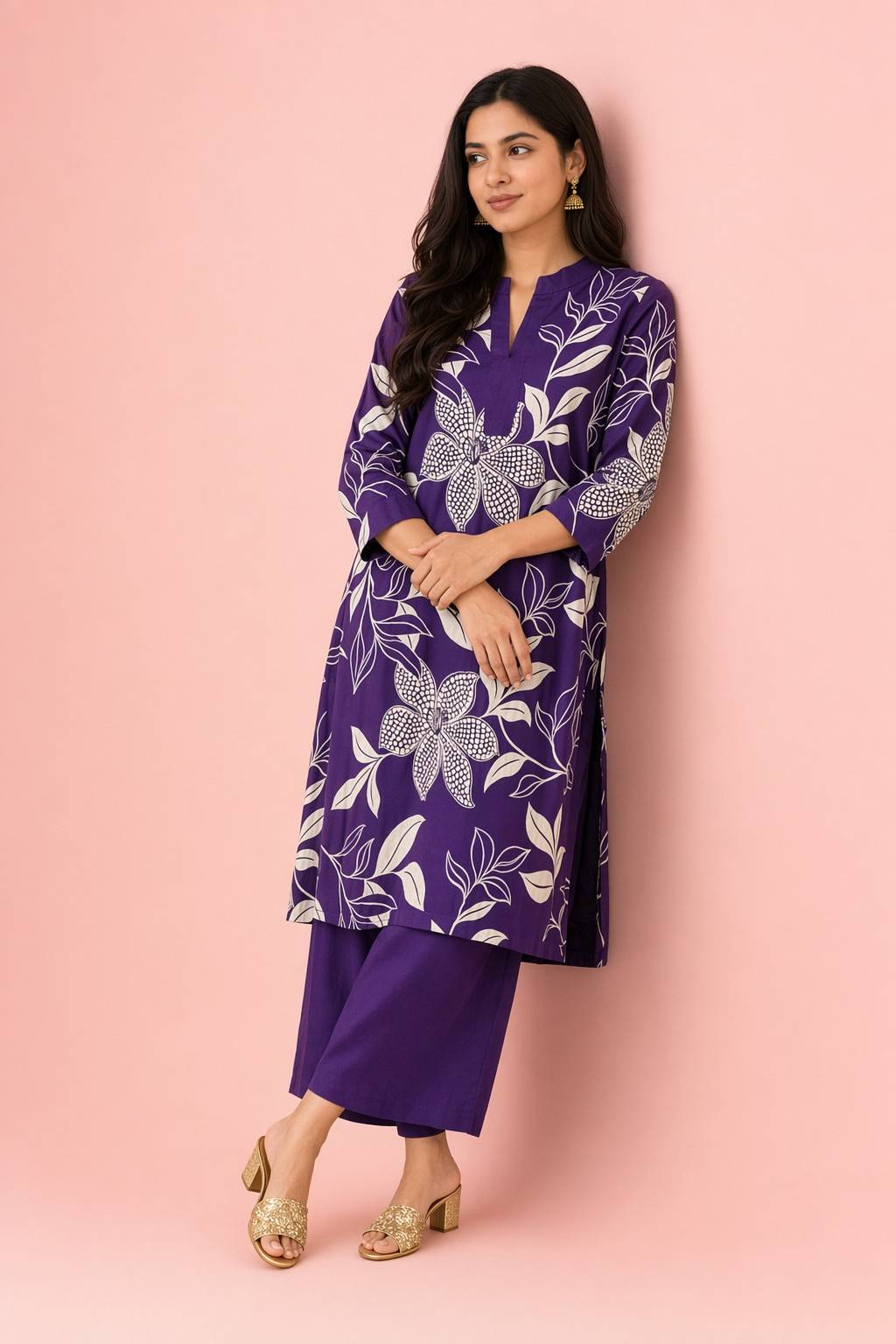 LoomBella Lifestyle Women's Cotton Floral Printed Straight Kurti with Pant Set
