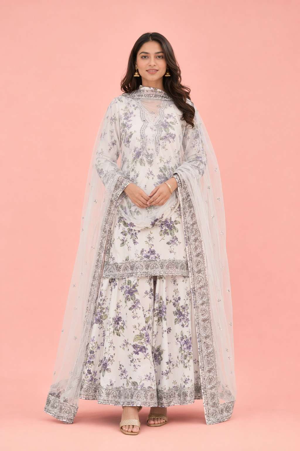Women's Premium White Floral Printed Kurta Pant Set with Soft Net Dupatta