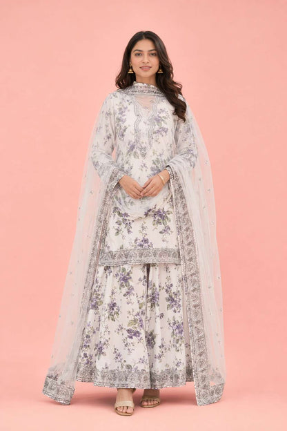 Women's Premium White Floral Printed Kurta Pant Set with Soft Net Dupatta