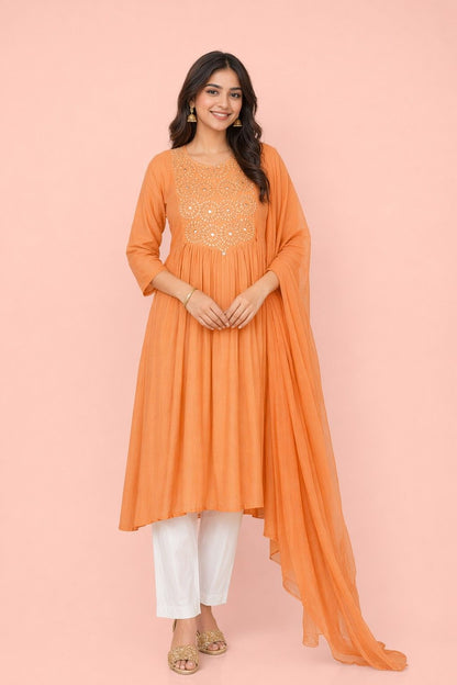 Fab Craft Studio Women's Cotton Embroidered Anarkali Kurti With Pant and Dupatta Set