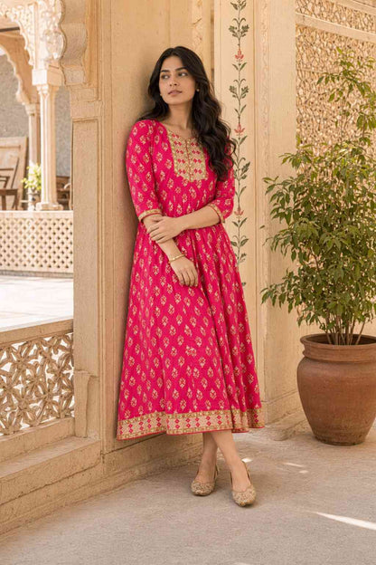 Fab Craft Studio  Women's Rayon Printed Anarkali Short Kurti Gown