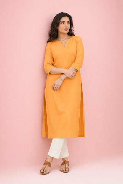 LoomBella LifestyleWomen's Cotton V-Neck Solid Straight Kurti with Pant