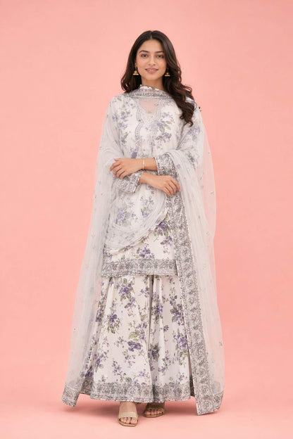 Women's Premium White Floral Printed Kurta Pant Set with Soft Net Dupatta