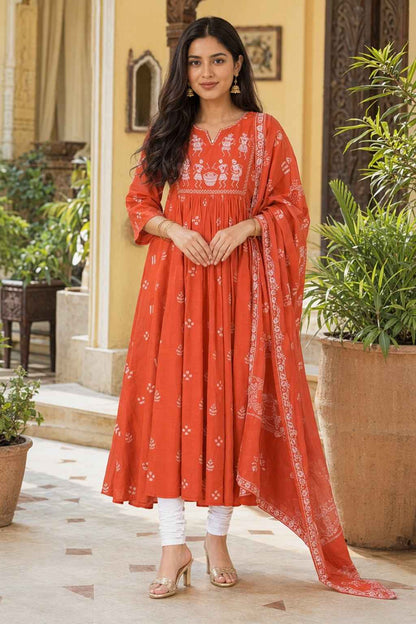 Fab Craft Studio Women's Contton Floral Embroidered Round Neck Regular Kurti Pant Dupatta Set