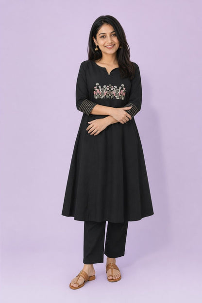 LoomBella LifestyleWomen's Cotton Embroidered Straight Kurti with Pant Set