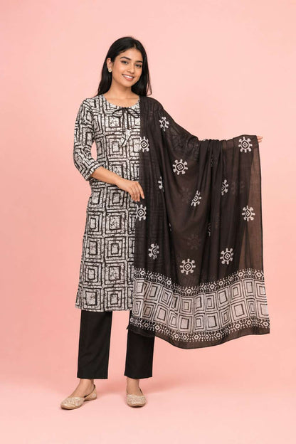 Fab Craft Studio Women's Cotton Hand Block Printed Straight Kurti with Pant and Printed Dupatta