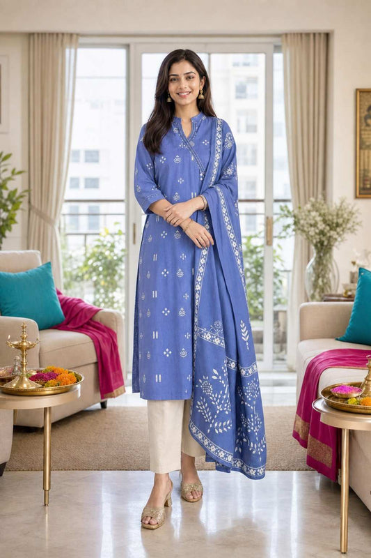 Women's Cotton Embroidered Anarkali Kurti with Pant and Dupatta Set