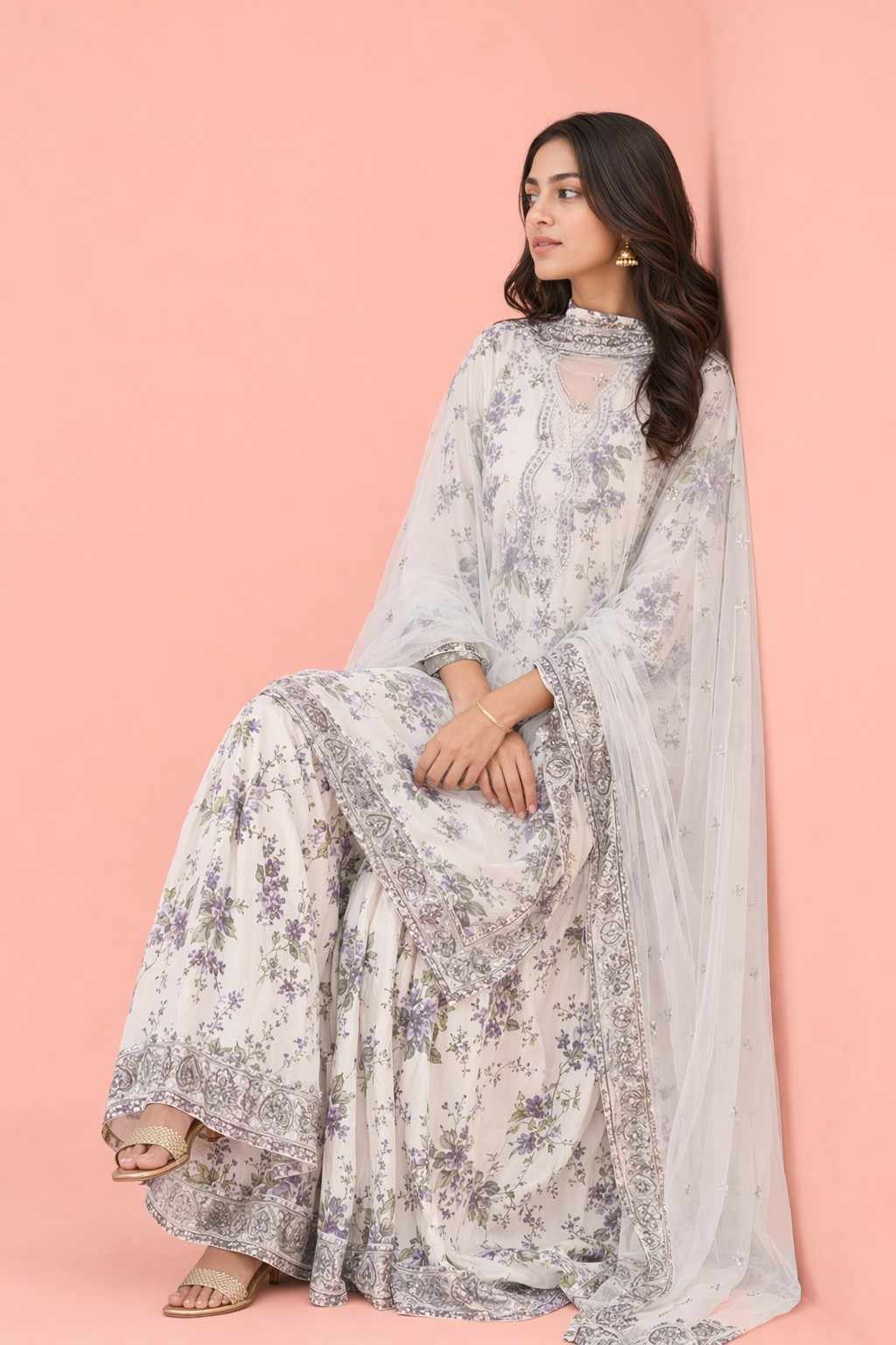 Women's Premium White Floral Printed Kurta Pant Set with Soft Net Dupatta
