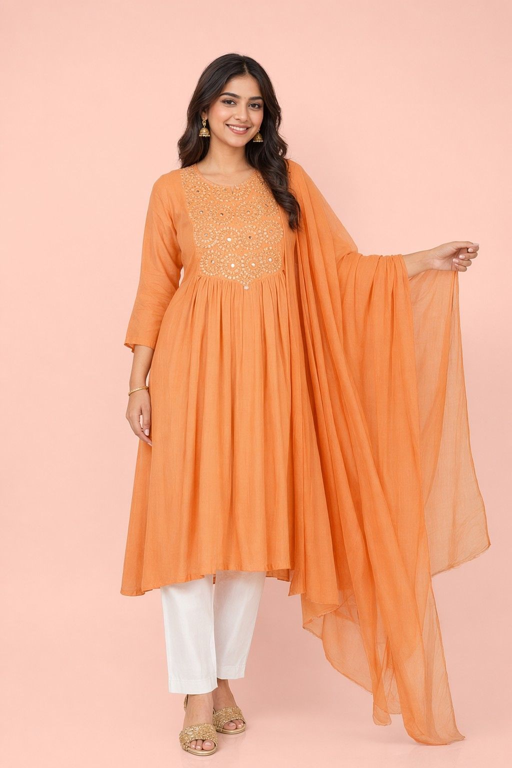 Fab Craft Studio Women's Cotton Embroidered Anarkali Kurti With Pant and Dupatta Set