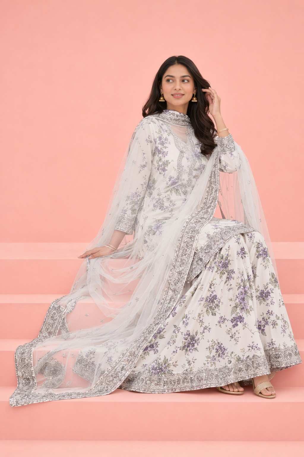 Women's Premium White Floral Printed Kurta Pant Set with Soft Net Dupatta