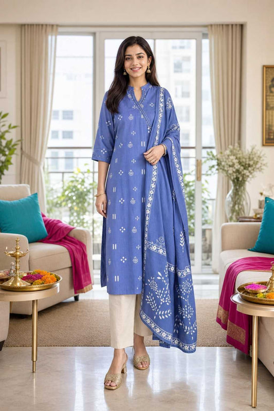 Women's Cotton Embroidered Anarkali Kurti with Pant and Dupatta Set