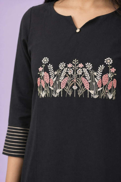 LoomBella LifestyleWomen's Cotton Embroidered Straight Kurti with Pant Set