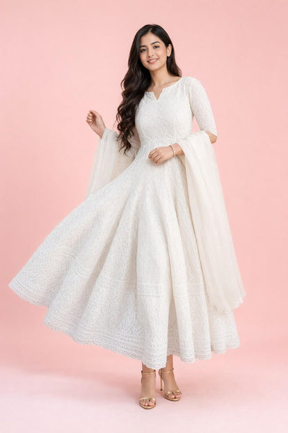 Fab Craft Studio Women's Cotton Chikankari Long Anarkali Kurti With Dupatta (White)