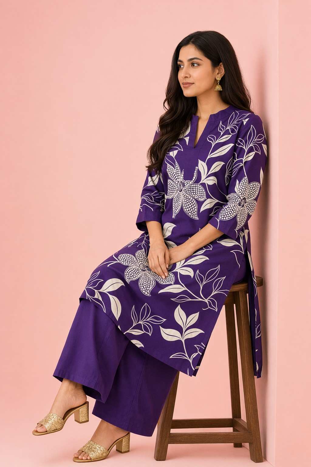 LoomBella Lifestyle Women's Cotton Floral Printed Straight Kurti with Pant Set