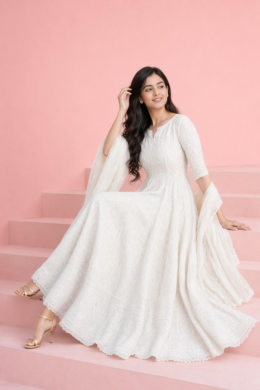 Fab Craft Studio Women's Cotton Chikankari Long Anarkali Kurti With Dupatta (White)