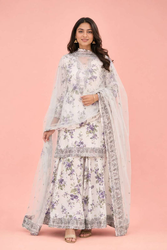 Women's Premium White Floral Printed Kurta Pant Set with Soft Net Dupatta