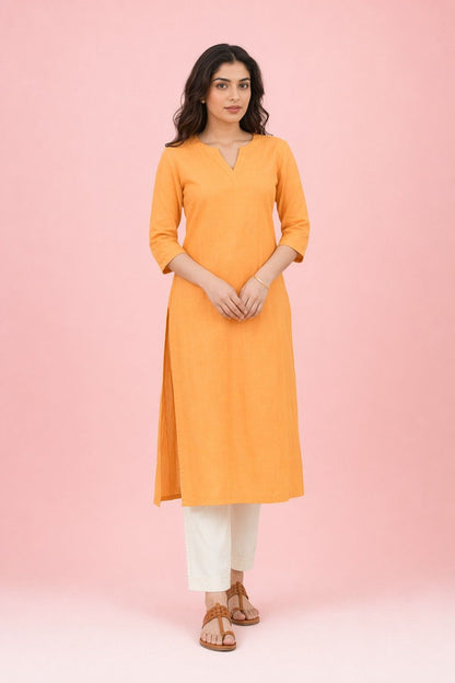 LoomBella LifestyleWomen's Cotton V-Neck Solid Straight Kurti with Pant