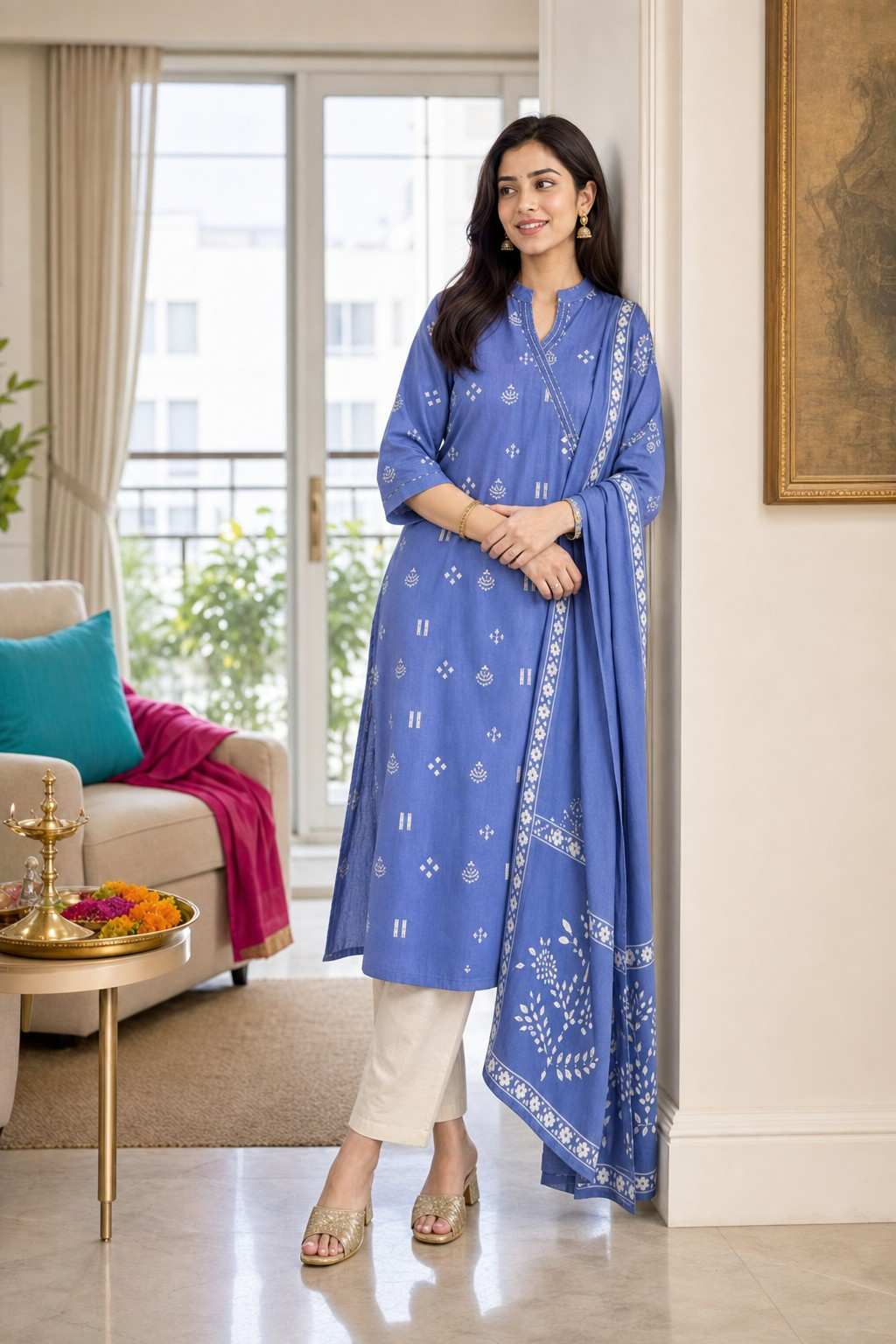 Women's Cotton Embroidered Anarkali Kurti with Pant and Dupatta Set