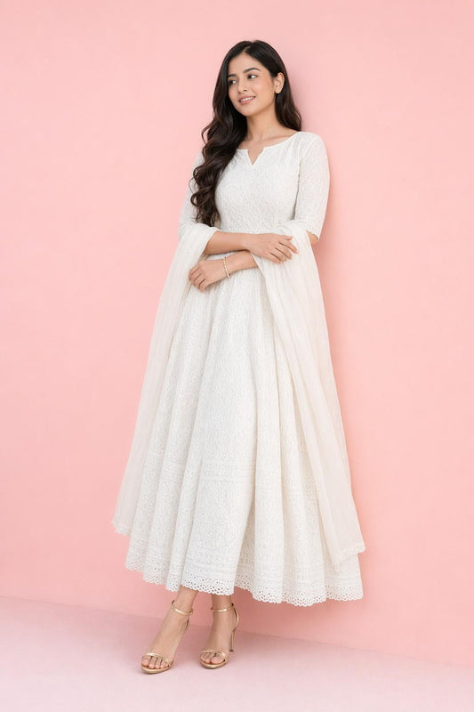 Fab Craft Studio Women's Cotton Chikankari Long Anarkali Kurti With Dupatta (White)