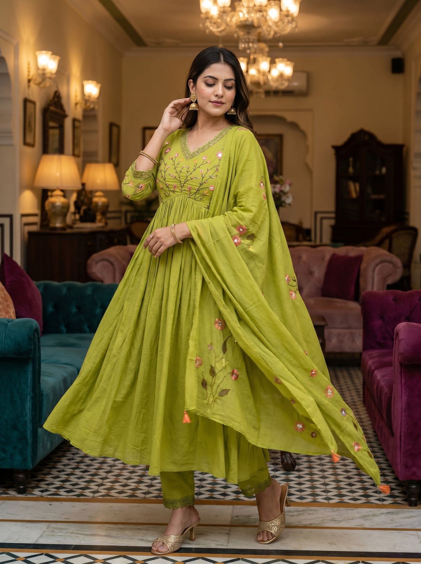 Embroidered Anarkali Kurta Set with Pant & Dupatta