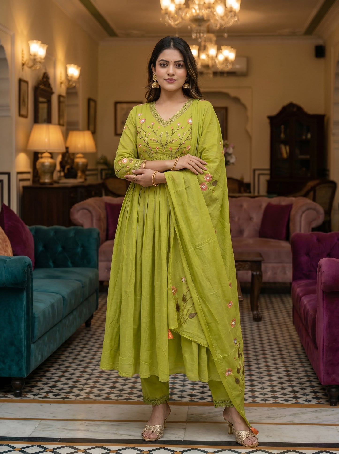 Embroidered Anarkali Kurta Set with Pant & Dupatta