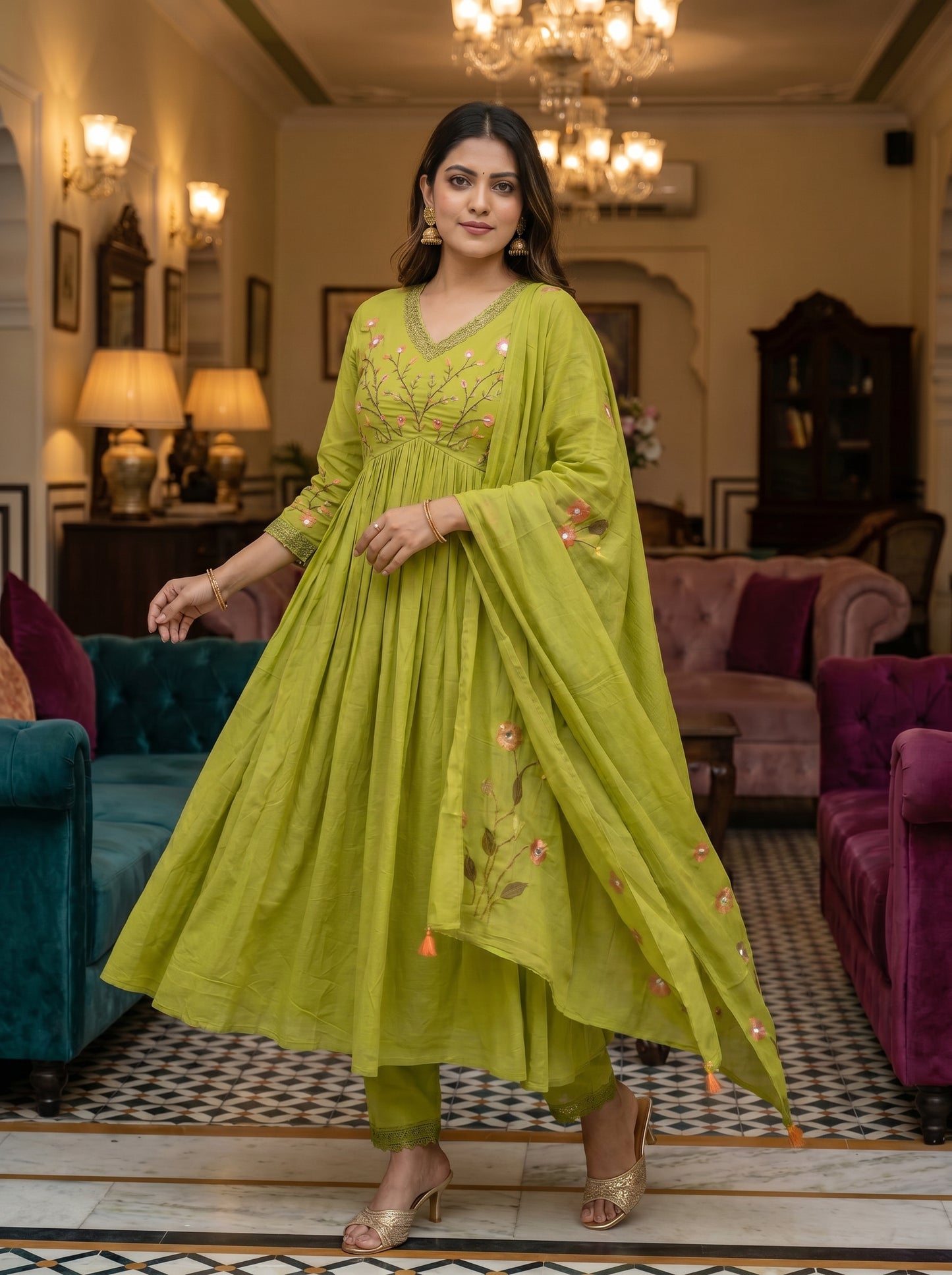 Embroidered Anarkali Kurta Set with Pant & Dupatta