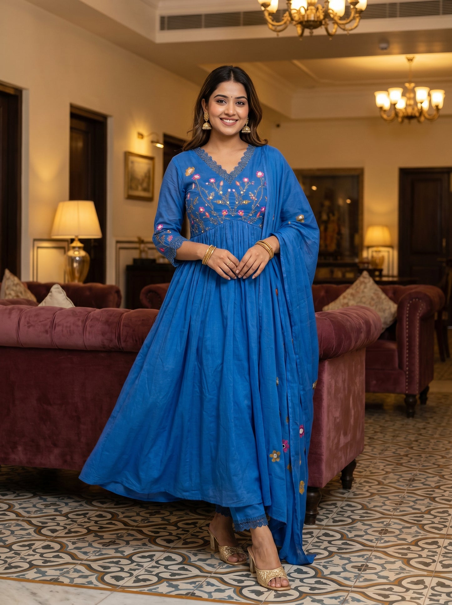Embroidered Anarkali Kurta Set with Pant & Dupatta