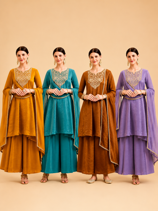 Premium Tissue Shimmer Short Anarkali Suit Set with Palazzo & Dupatta