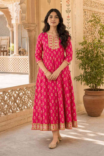 Fab Craft Studio  Women's Rayon Printed Anarkali Short Kurti Gown