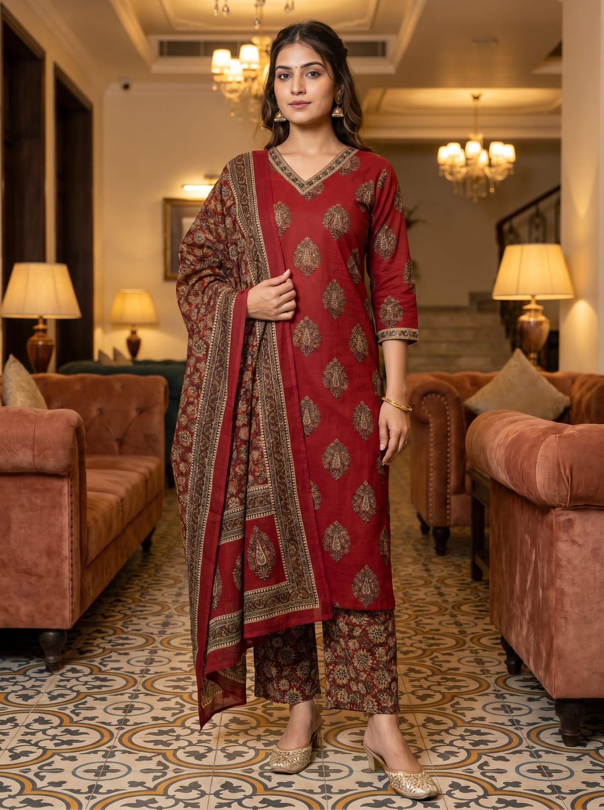 Premium Cotton 60×60 Straight Fit Kurti with Plazo & Dupatta Set